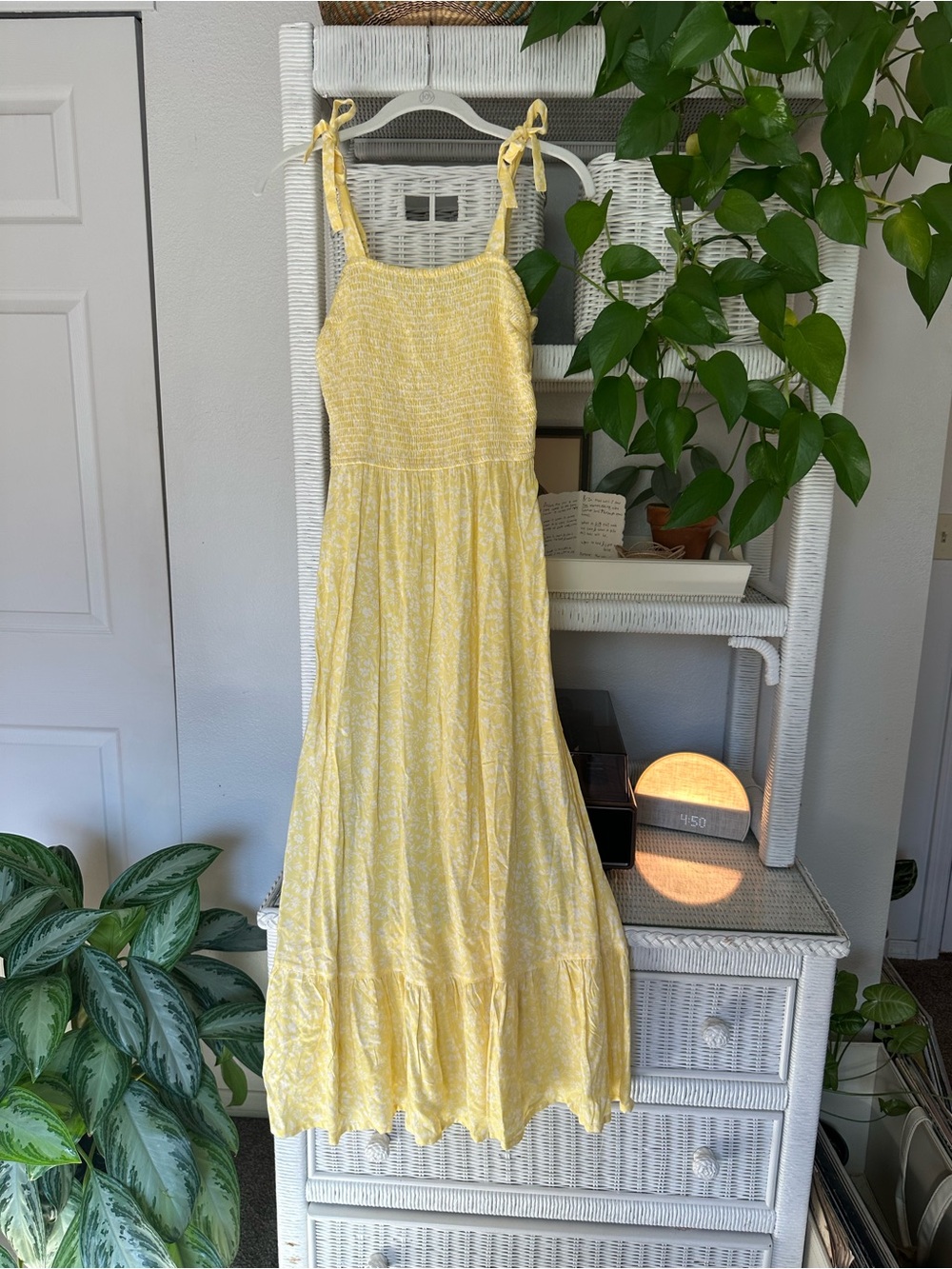 Butter Yellow Floral Smocked Tie Strap Maxi Dress